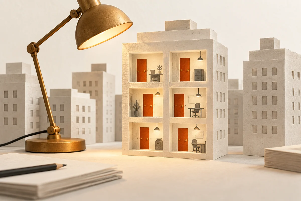 A desk lamp illuminates an office building with several separate, unidentified doors.
