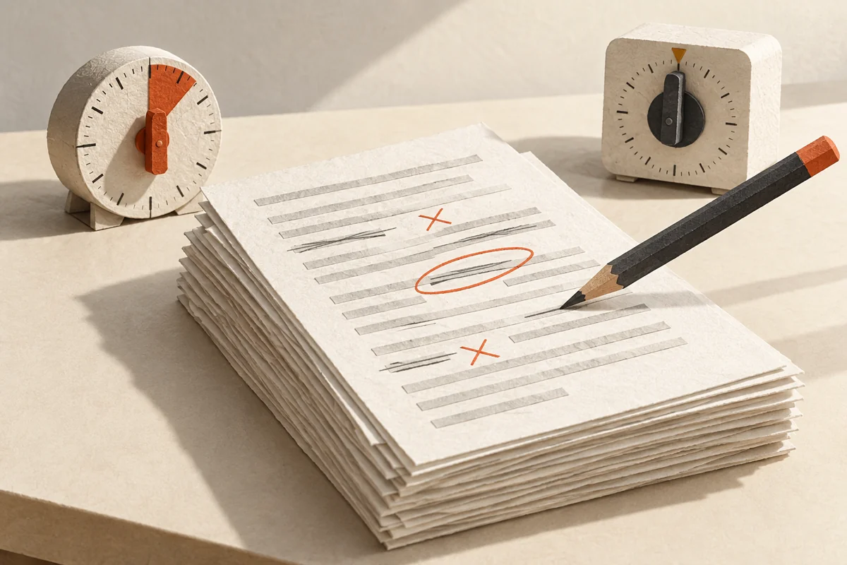 Two paper timers stand behind a document marked for correction and an orange-tipped pencil.