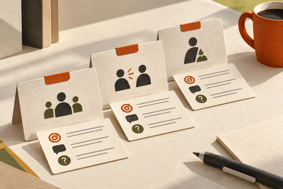 Three paper meeting cards each have a compact brief with purpose, conversation and question symbols.