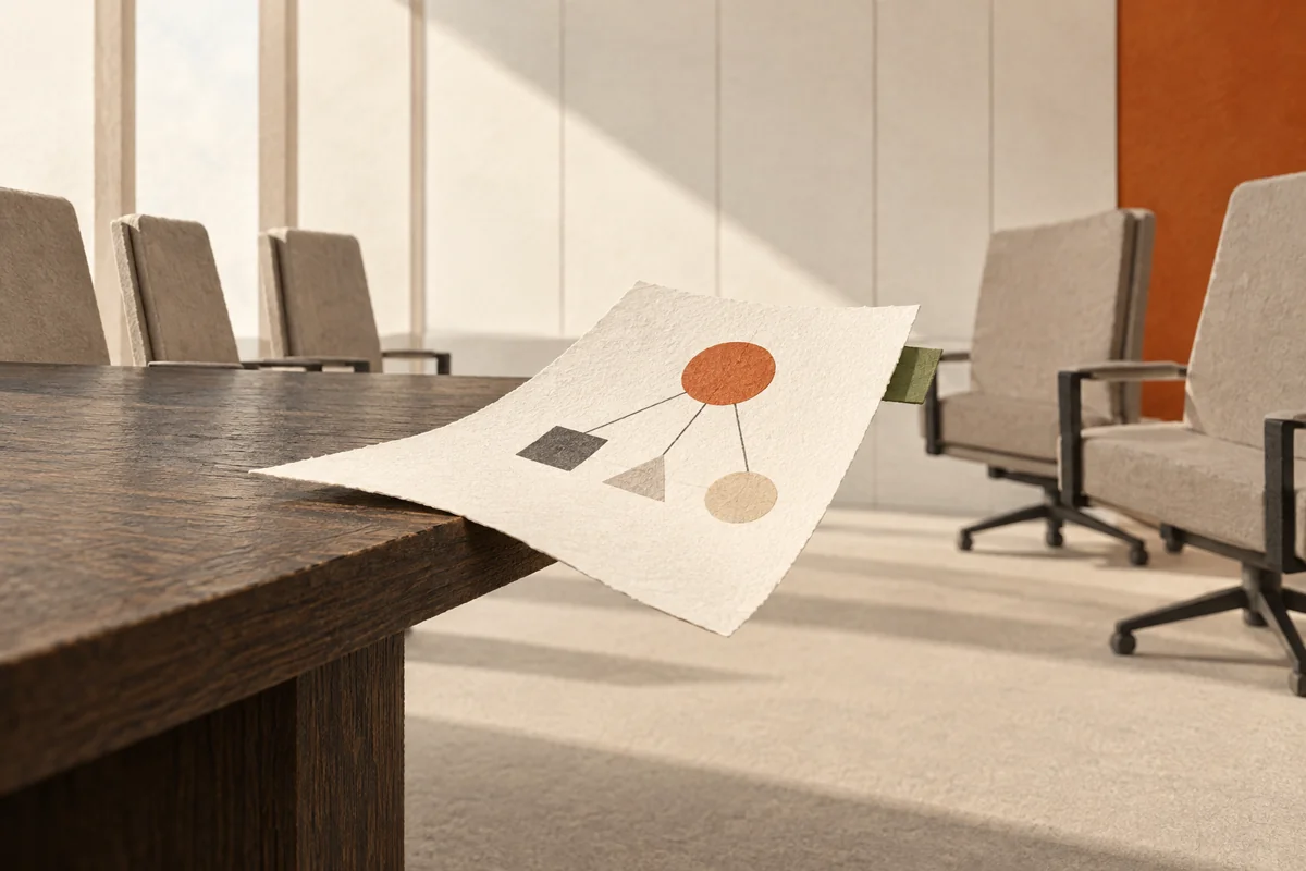 A decision note with connected shapes rests at the edge of a boardroom table.
