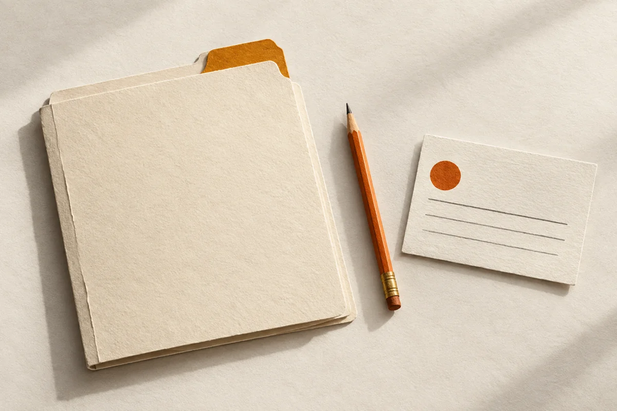 An old paper folder sits beside a fresh signal card and an orange pencil.