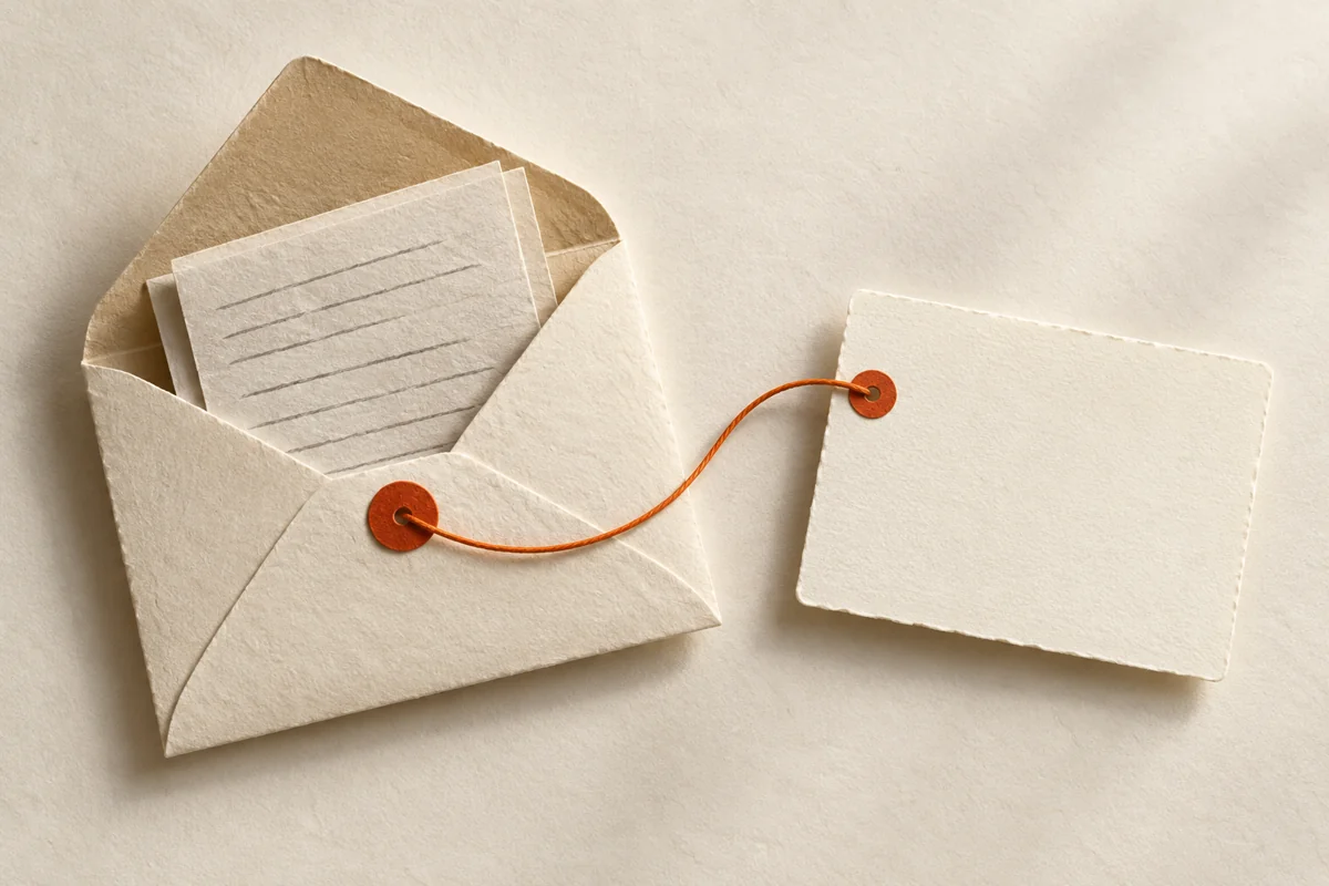 An orange thread connects an earlier letter to a blank follow-up card.