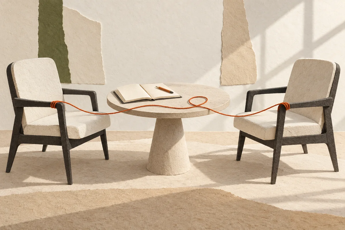 Two paper chairs face each other across a table, connected by an orange conversation thread.
