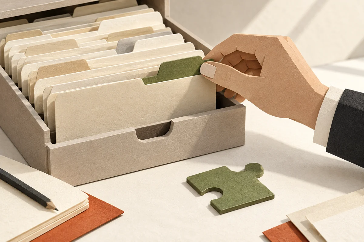 A paper hand selects an olive-tabbed case file beside a matching puzzle piece.