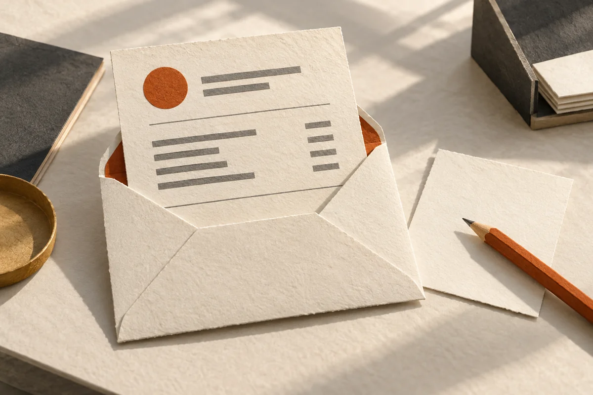 An open envelope holds a simplified pricing sheet beside a blank reply card and orange pencil.