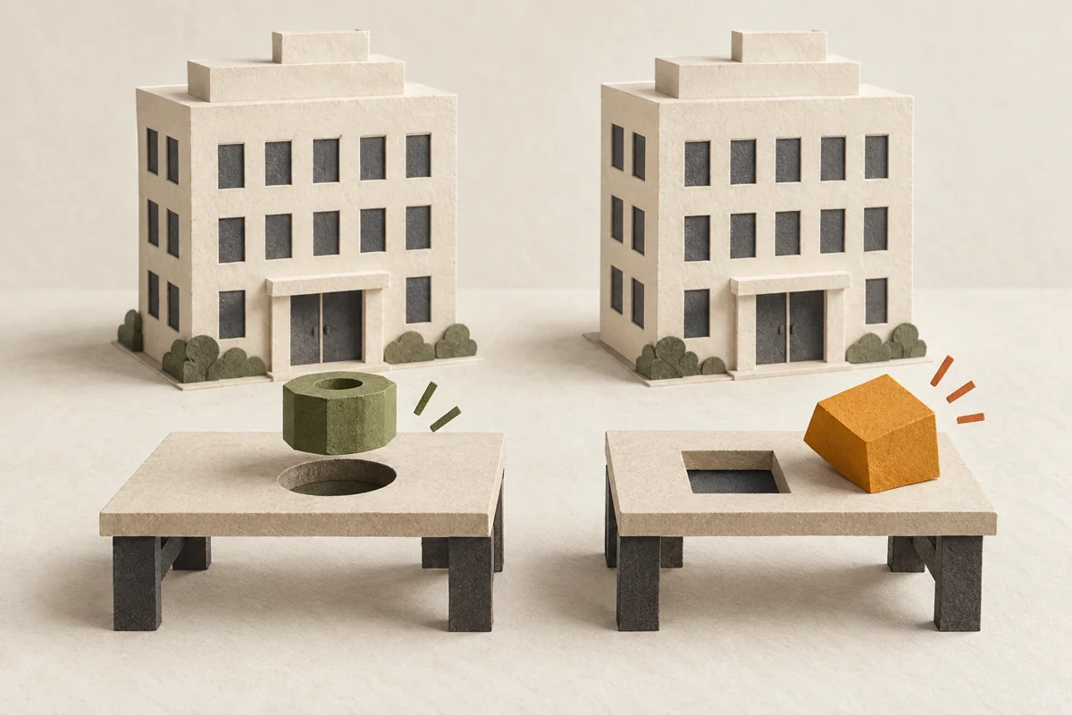 Two similar paper office buildings have different shaped problems and pieces in front of them.