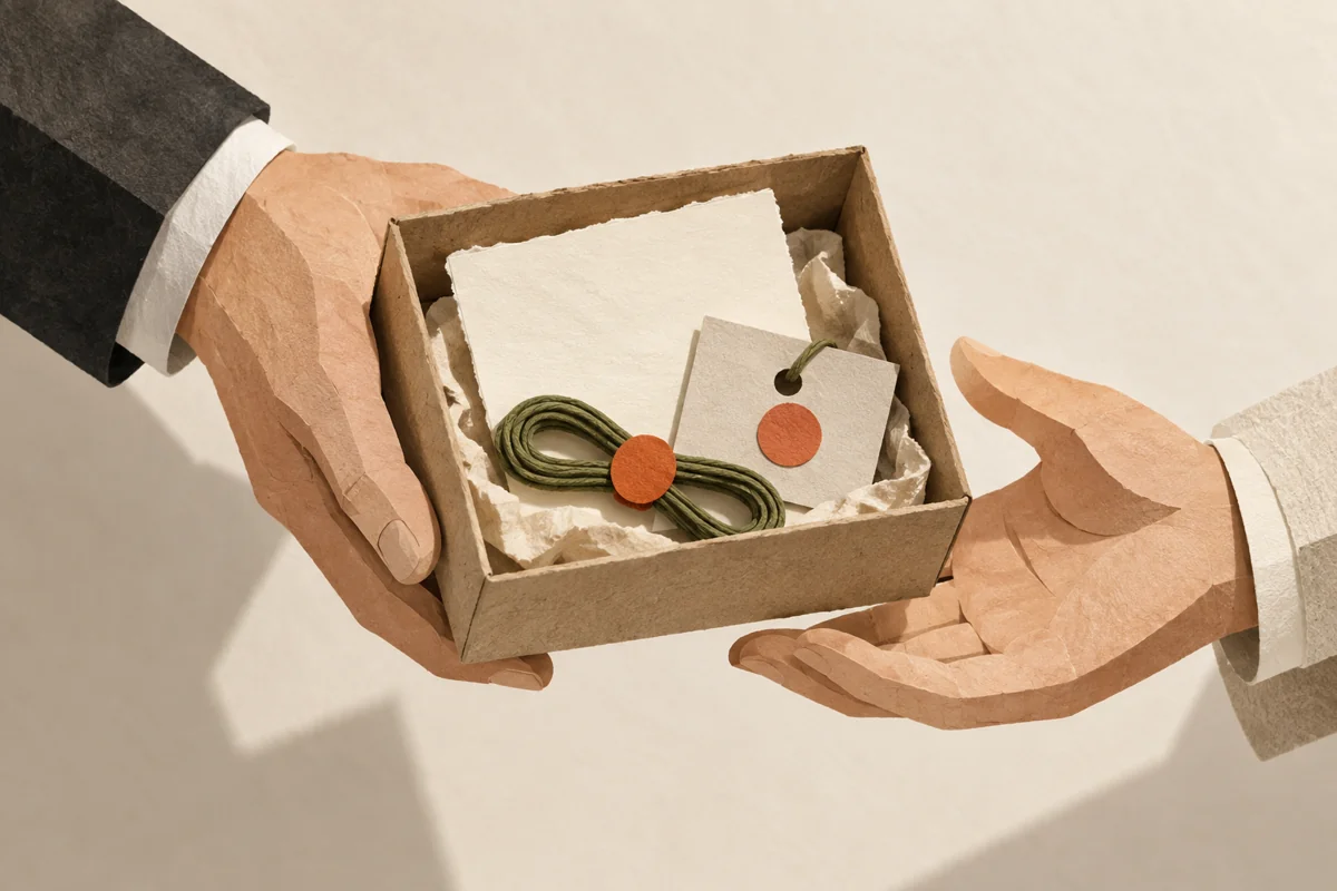 Paper hands pass a parcel containing a document and its attached context tag.