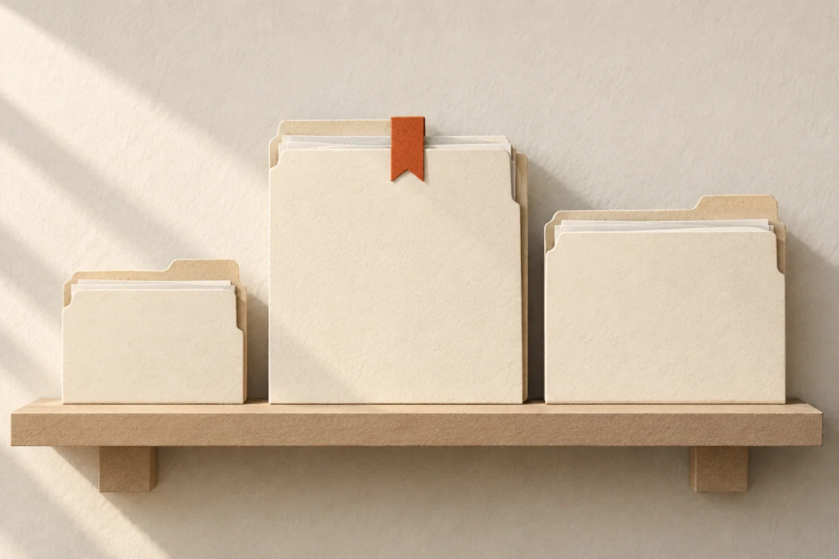 Three different paper document folders sit on a shelf, with an orange bookmark selecting one.