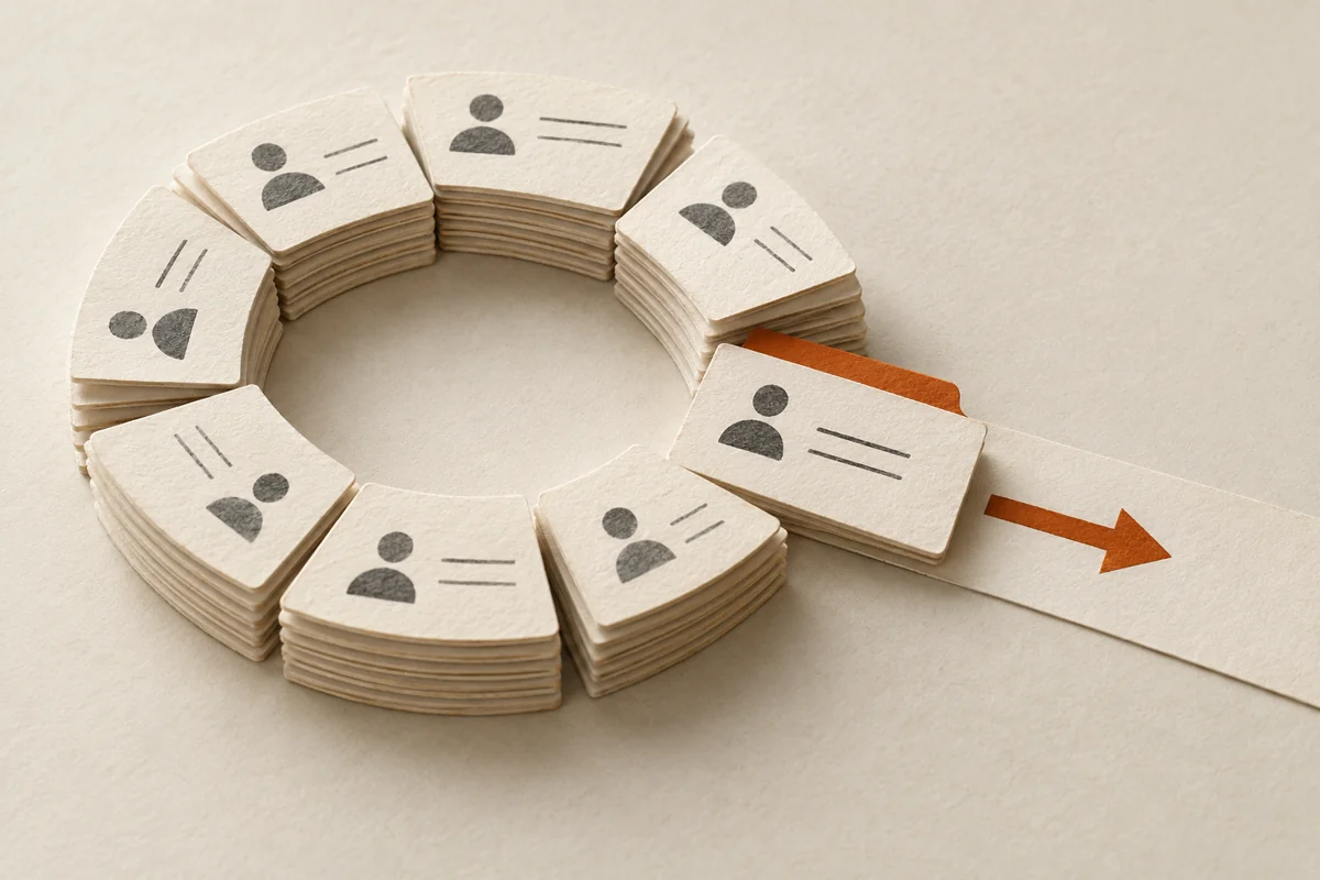 Repeated contact cards form a loop, with one orange arrow leading toward a next action.