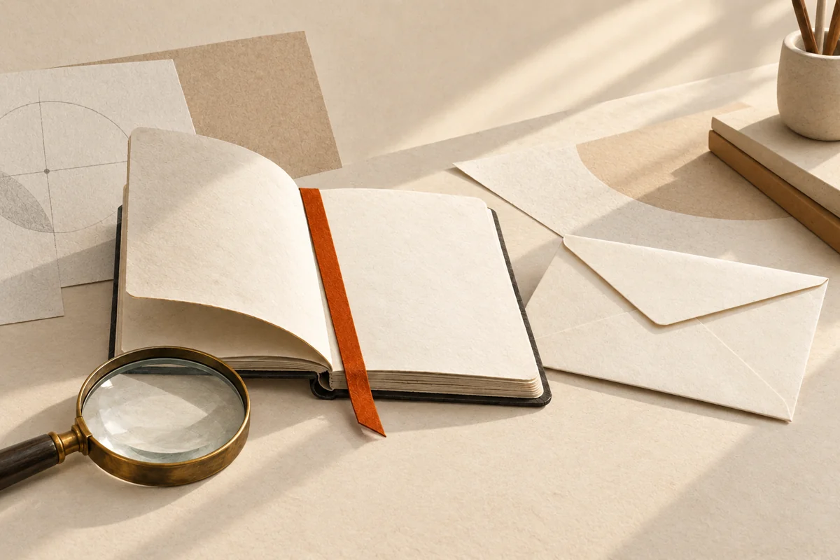 An open notebook with an orange bookmark beside a magnifying glass and an unsent envelope.