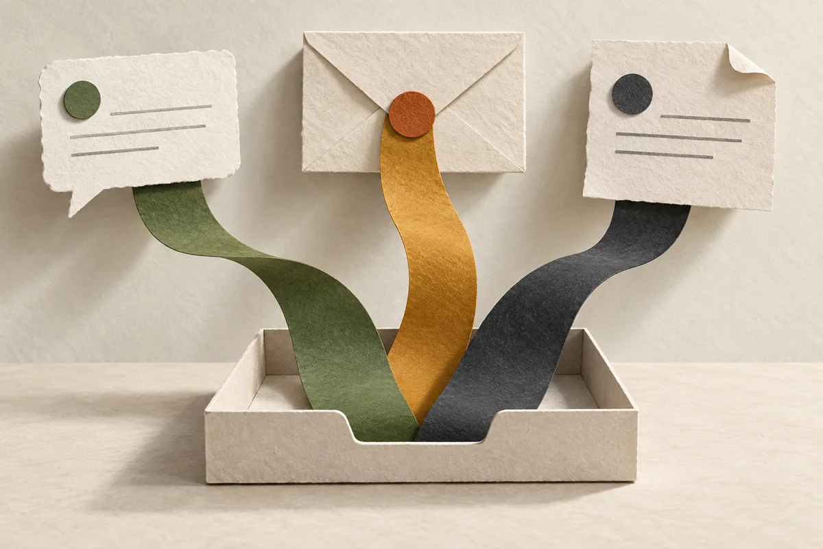 Paper messages and an envelope feed colored ribbons into one shared task tray.