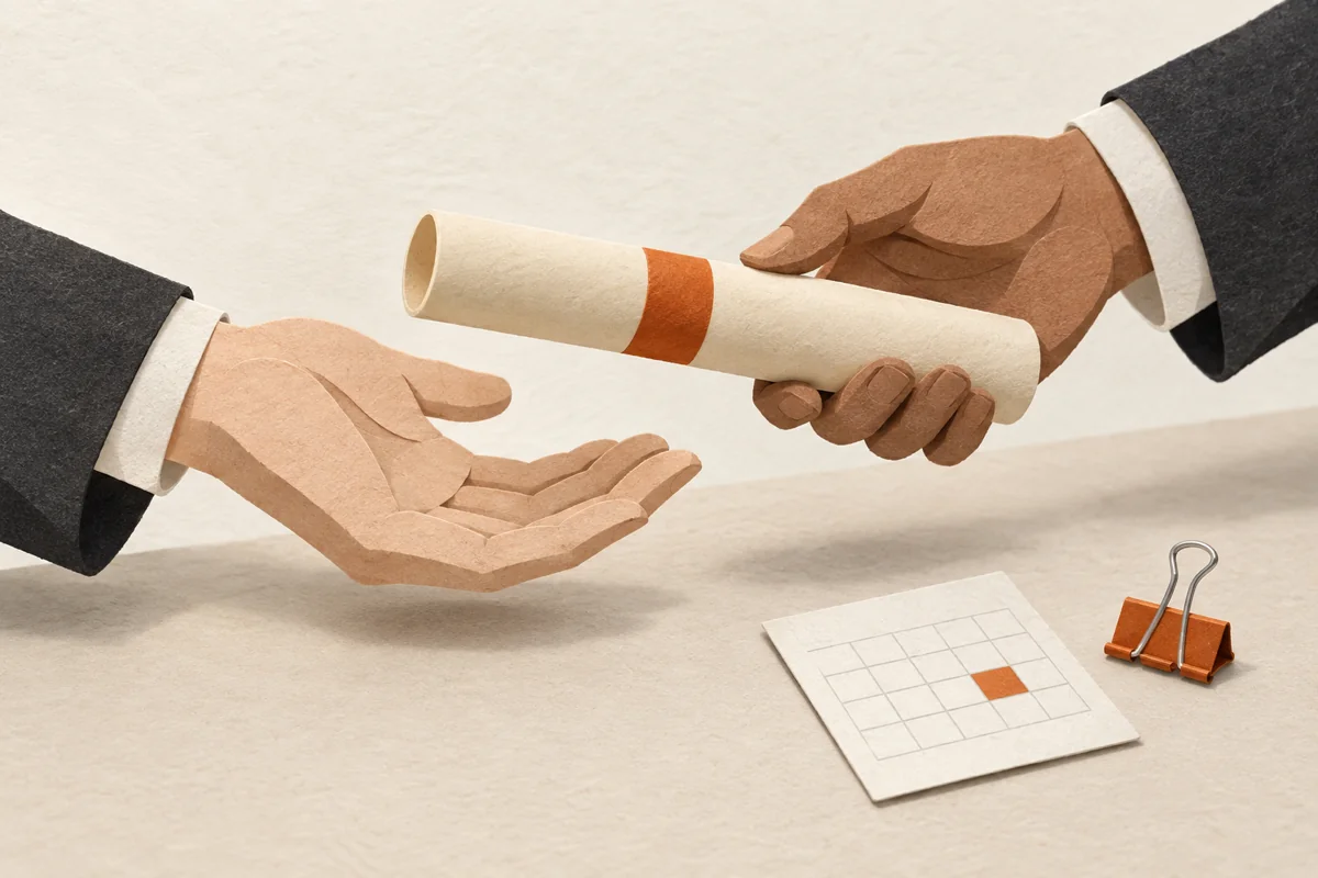 Paper hands pass an ivory baton with an orange band above a calendar showing the next update.