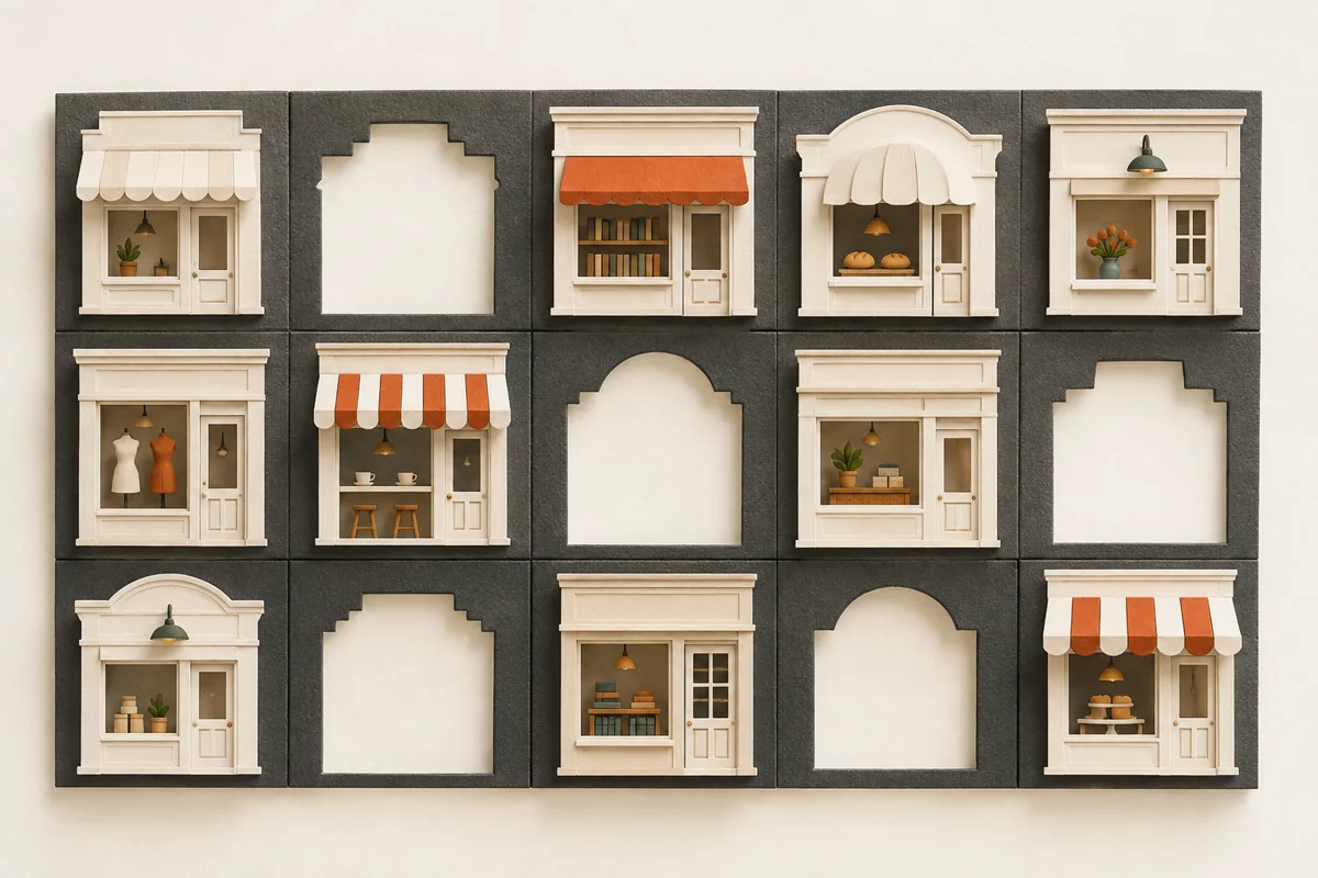 Small paper storefronts sit in an index with several business-shaped gaps.