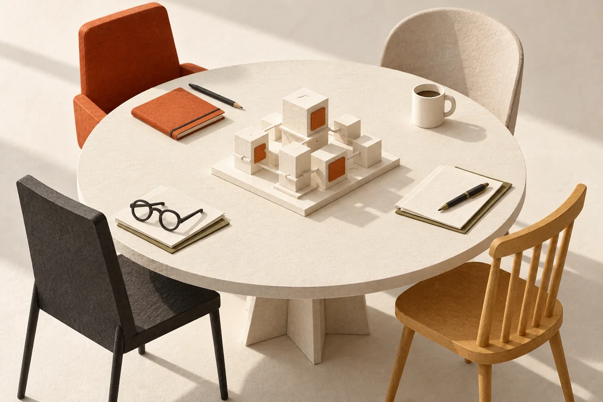 Different chairs surround one paper model on a meeting table, showing several views of the same decision.