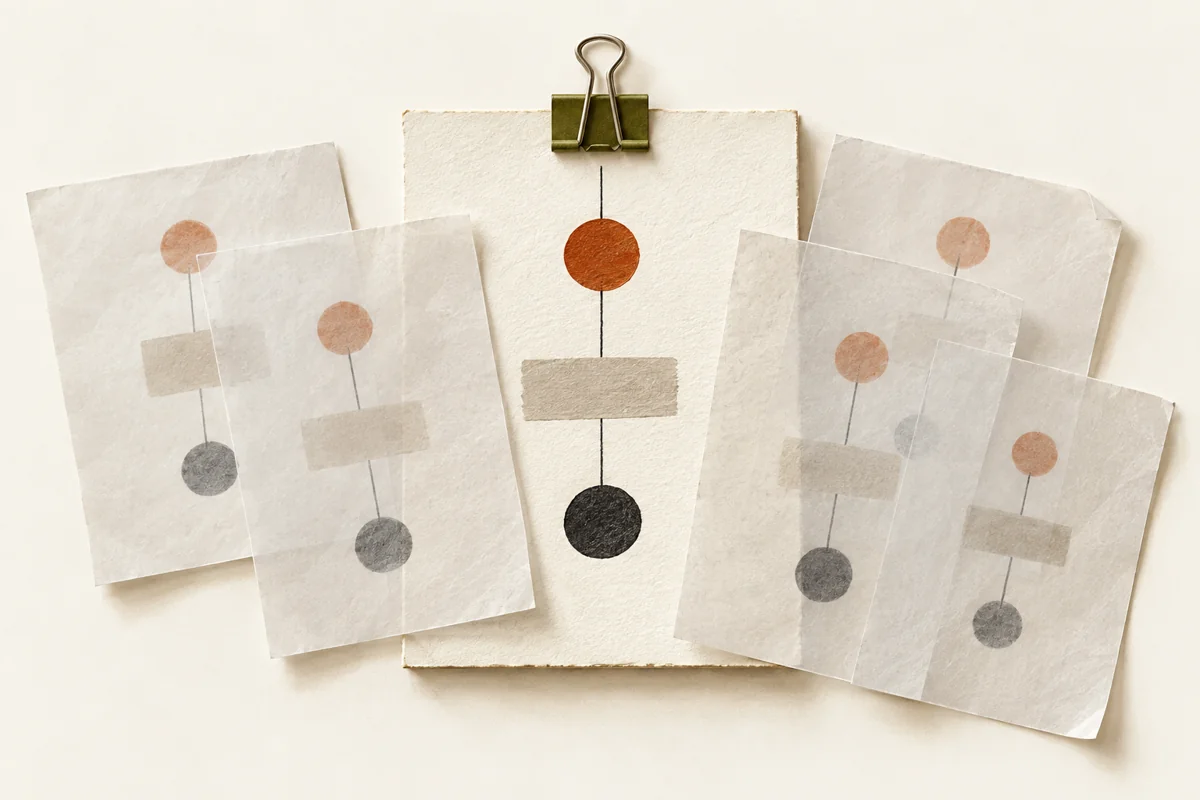 Repeated paper records overlap a single central sheet held by an olive clip.