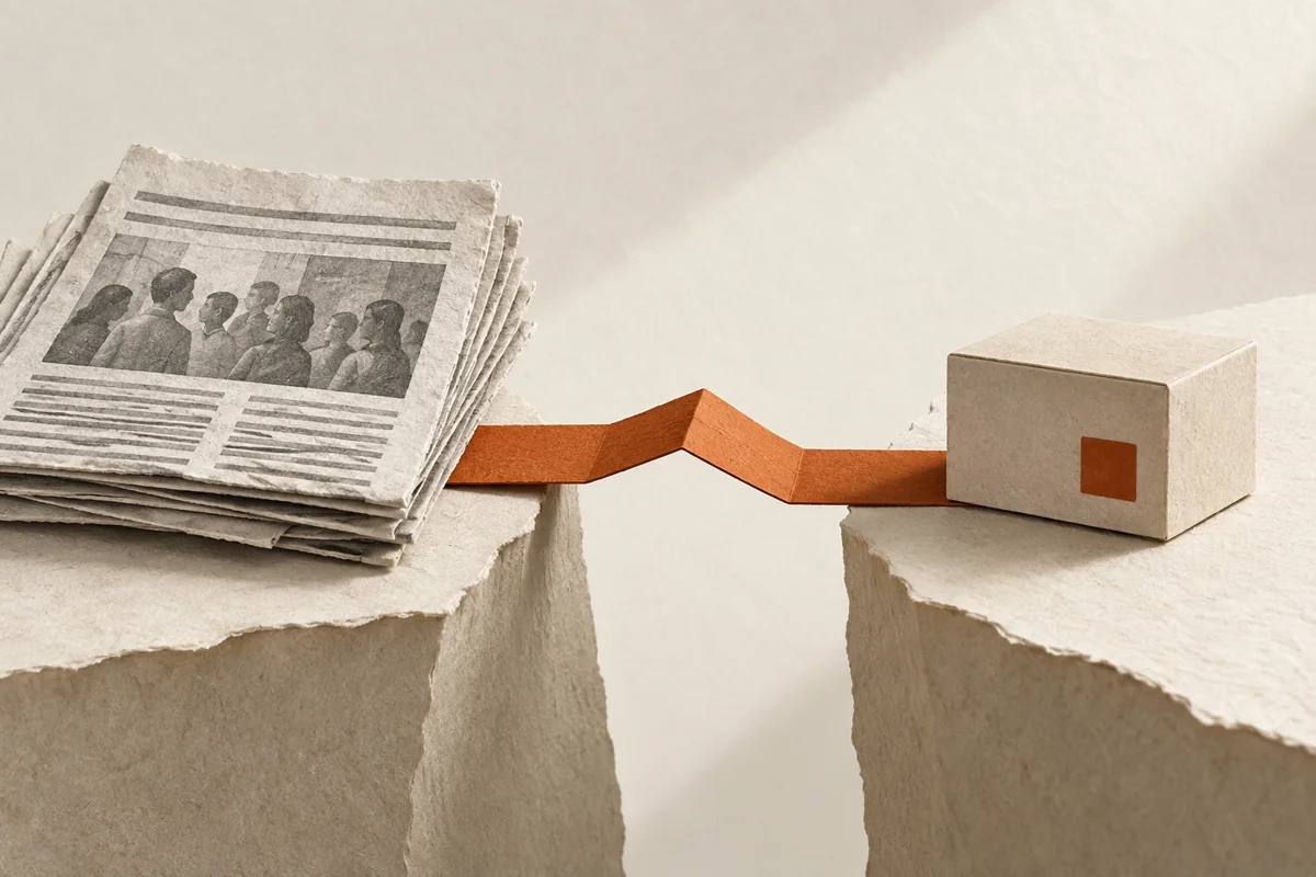 An orange paper bridge connects a stack of news pages with a simple service parcel.