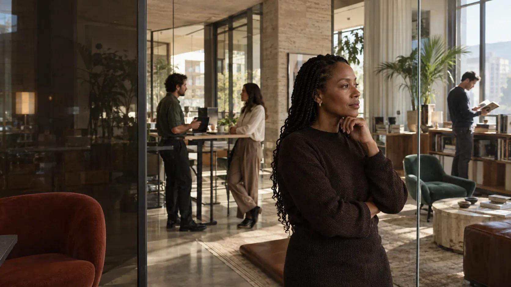 Colleagues thinking and working together in a warm, sunlit office.